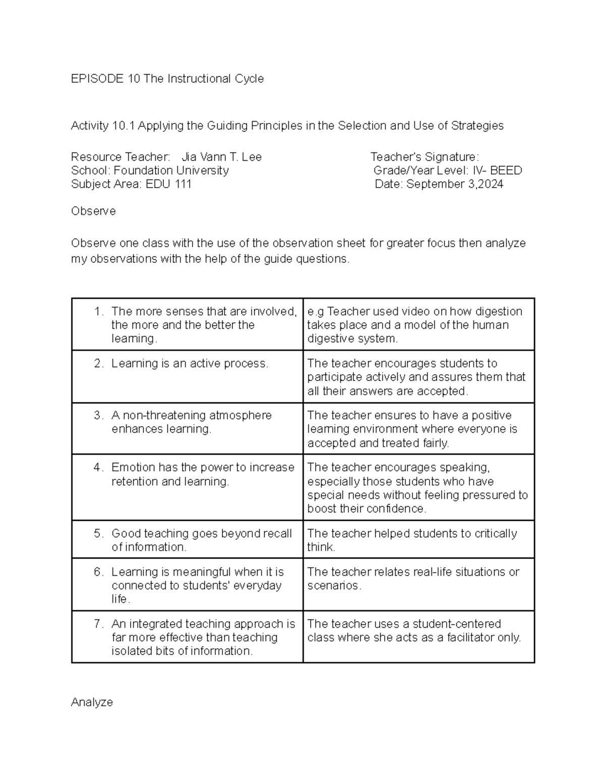 Episode 10-LEE - EPISODE 10 The Instructional Cycle Activity 10 ...