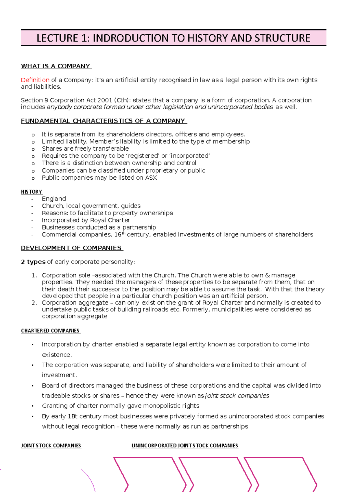 Corporation law LAW3102 quiz notes, lectures 1 to 4 - LECTURE 1 ...