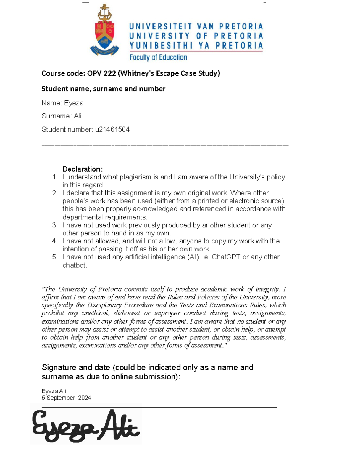 Whitneys escape Case study u21461504 - Course code: OPV 222 (Whitney's ...
