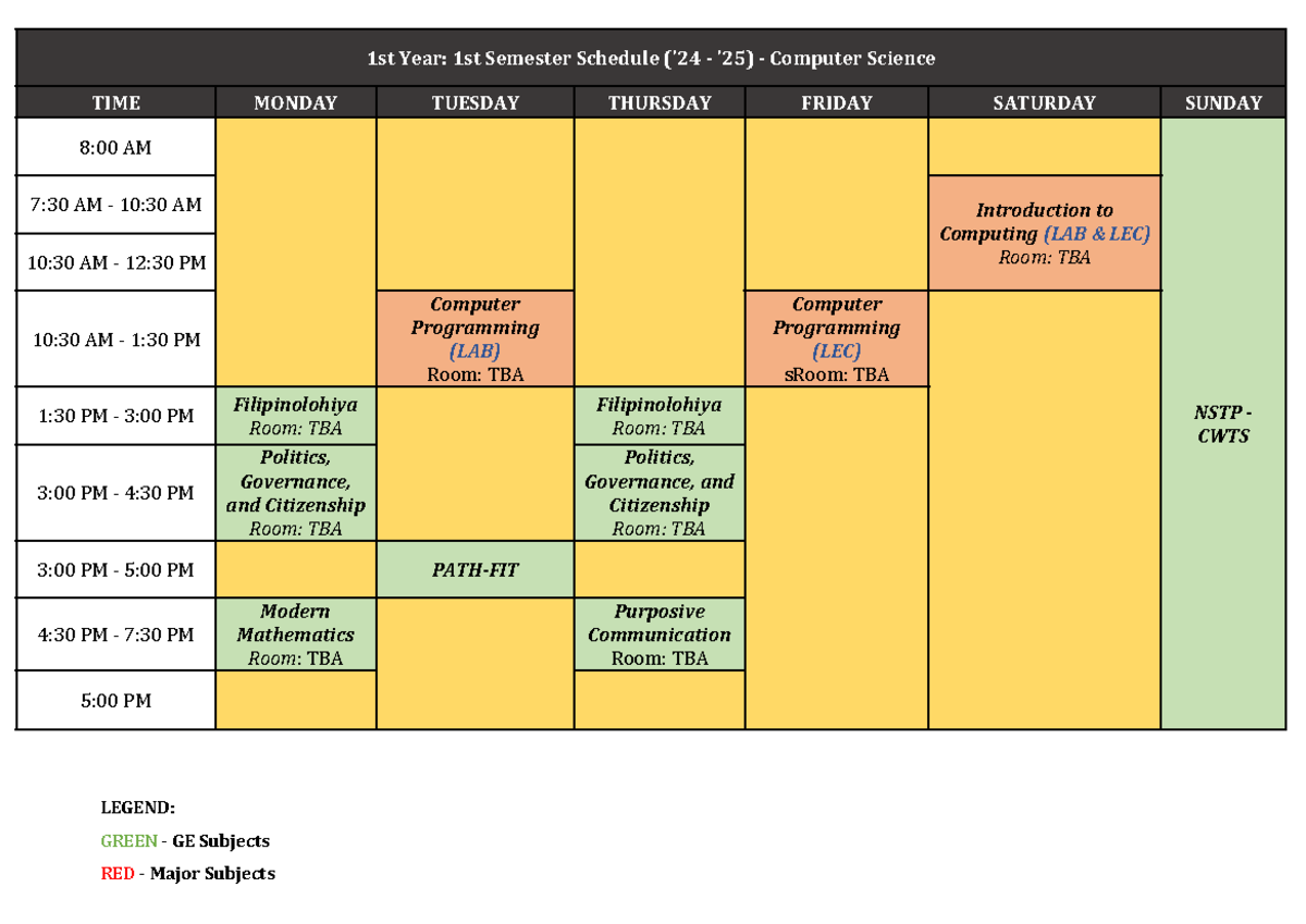 my schedule (1st yr - 1st sem) - 1st Year: 1st Semester Schedule ('24 ...