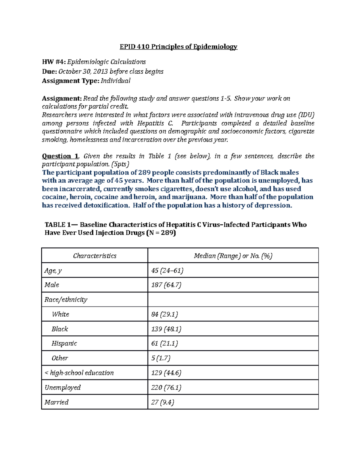 HW #4 Dr. Eberth - EPID 410 Principles of Epidemiology HW Epidemiologic ...