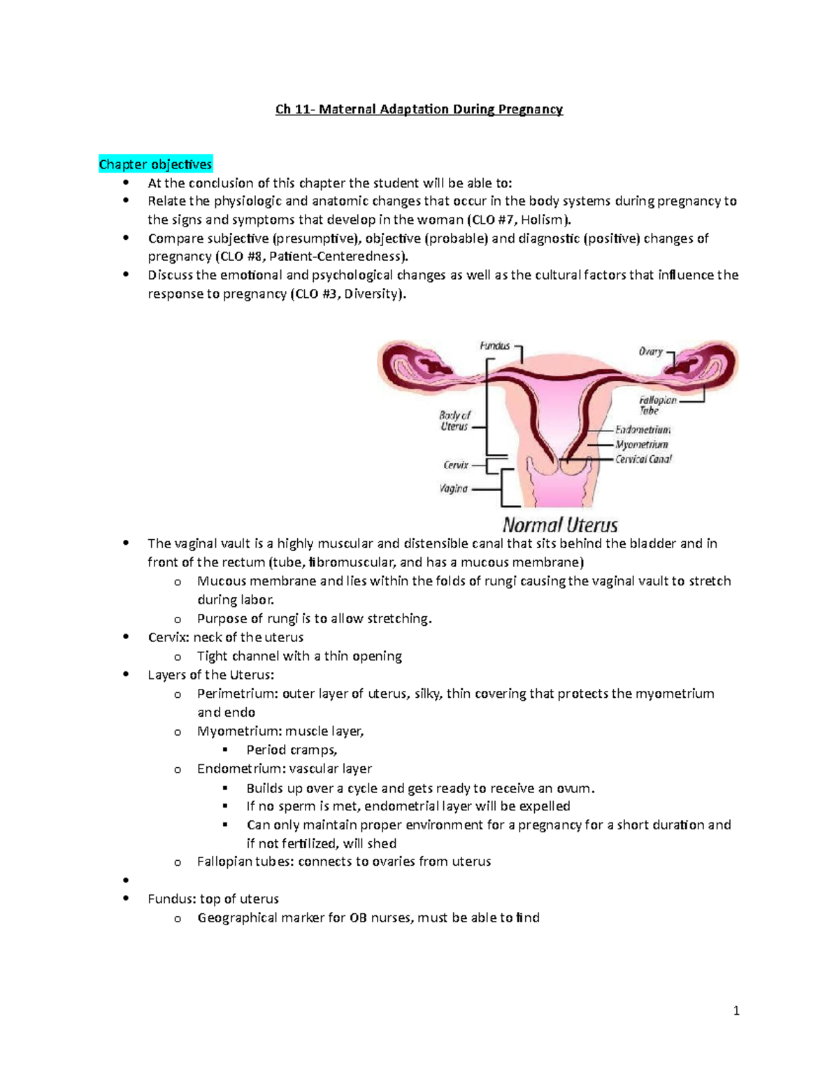 7- Exam 1- Maternal Adaptation During Pregnancy - Ch 11- Maternal ...