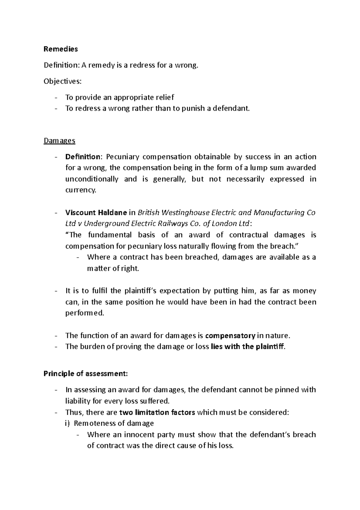 Contract Notes Remedies Law Notes That Can Be Referred Remedies Definition A Remedy Is A Redress Studocu