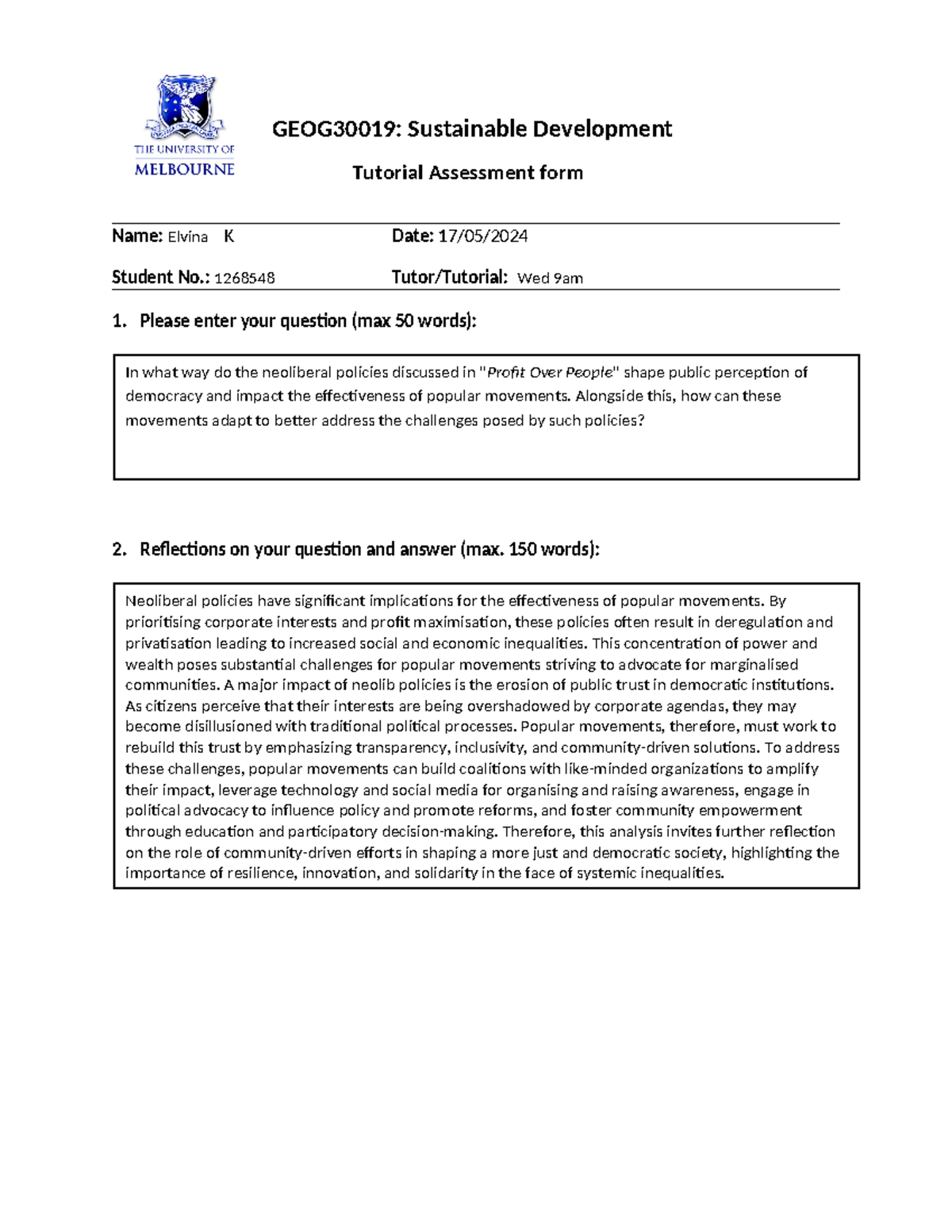 Tutorial question completed w11 - GEOG30019: Sustainable Development ...