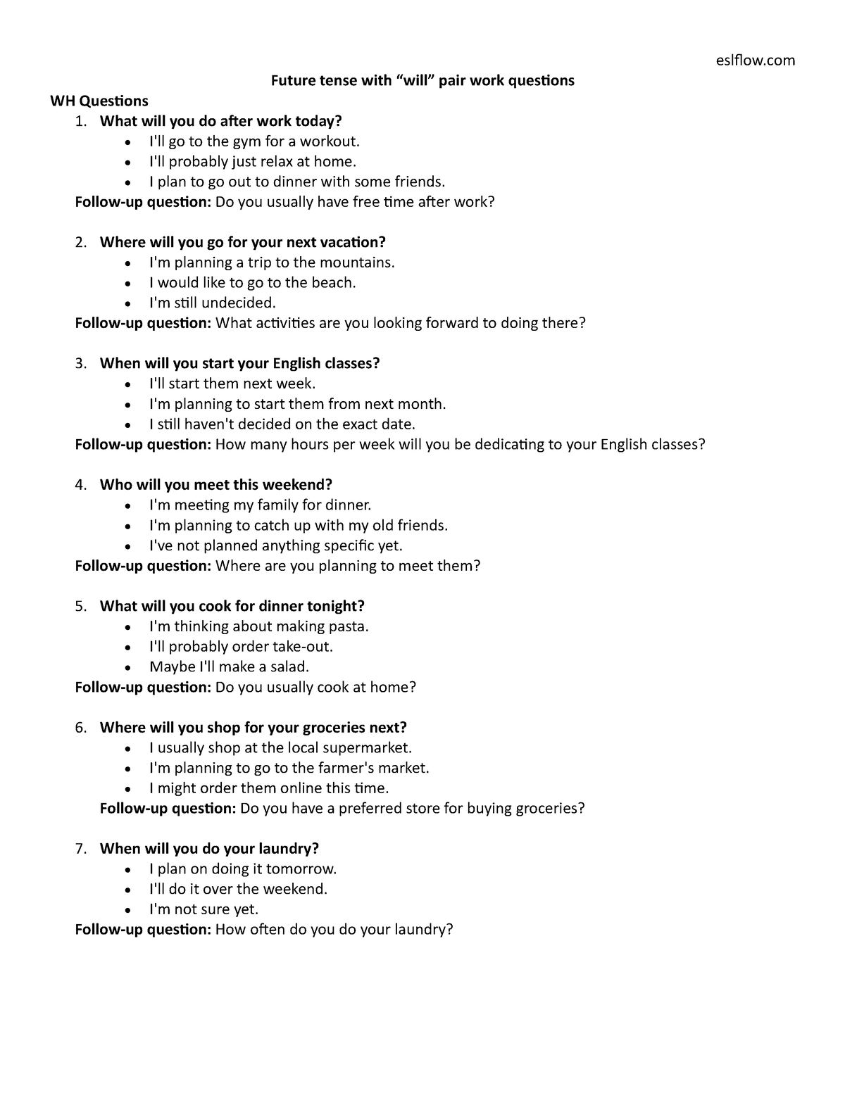 Future tense with will pair work questions - eslflow Future tense with ...