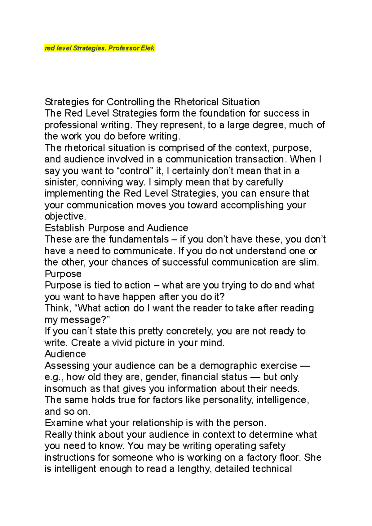 Red level Strategies. Professor Elek red level Strategies. Professor