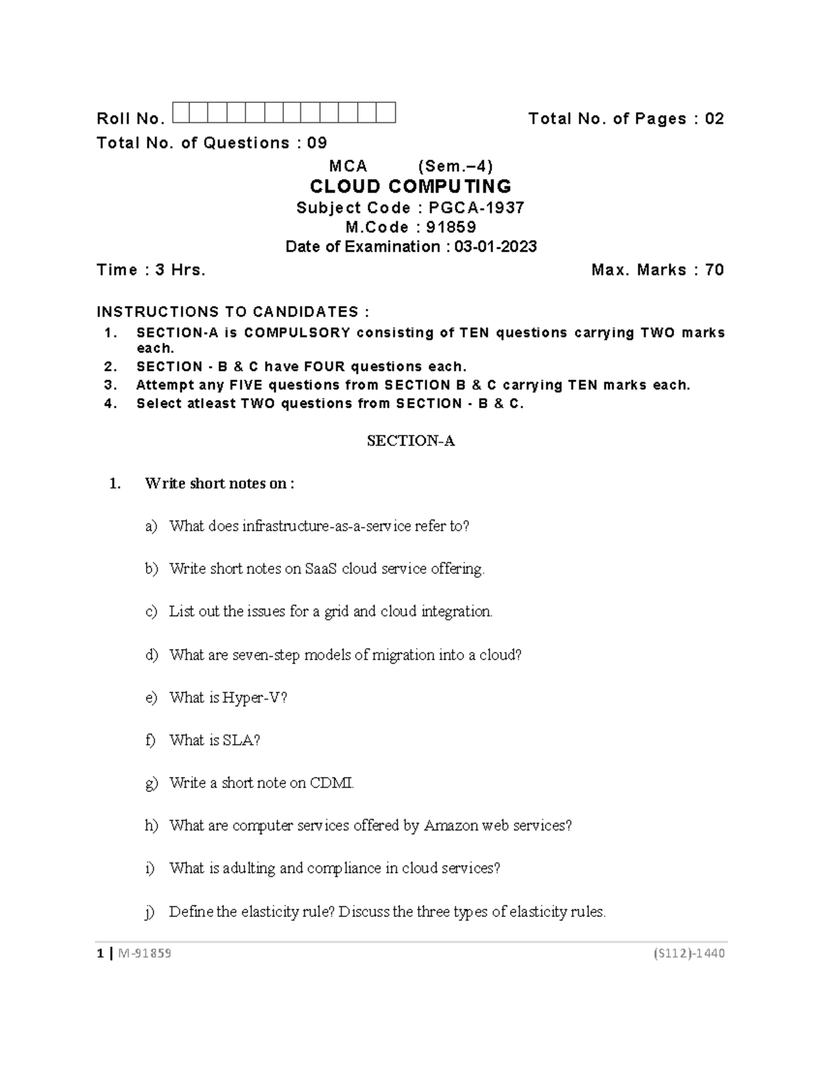 Mca 4 Sem Cloud Computing 91859 Jan 2023 1 M 91859 S112 Roll No