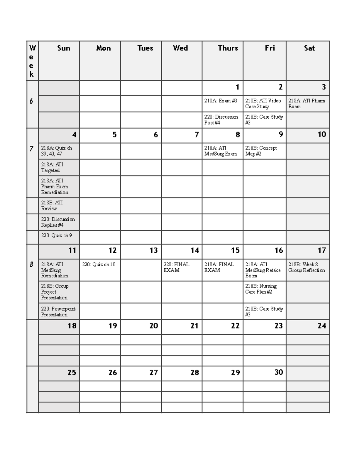 September - assignments - W e e k Sun Mon Tues Wed Thurs Fri Sat 6 1 2 ...