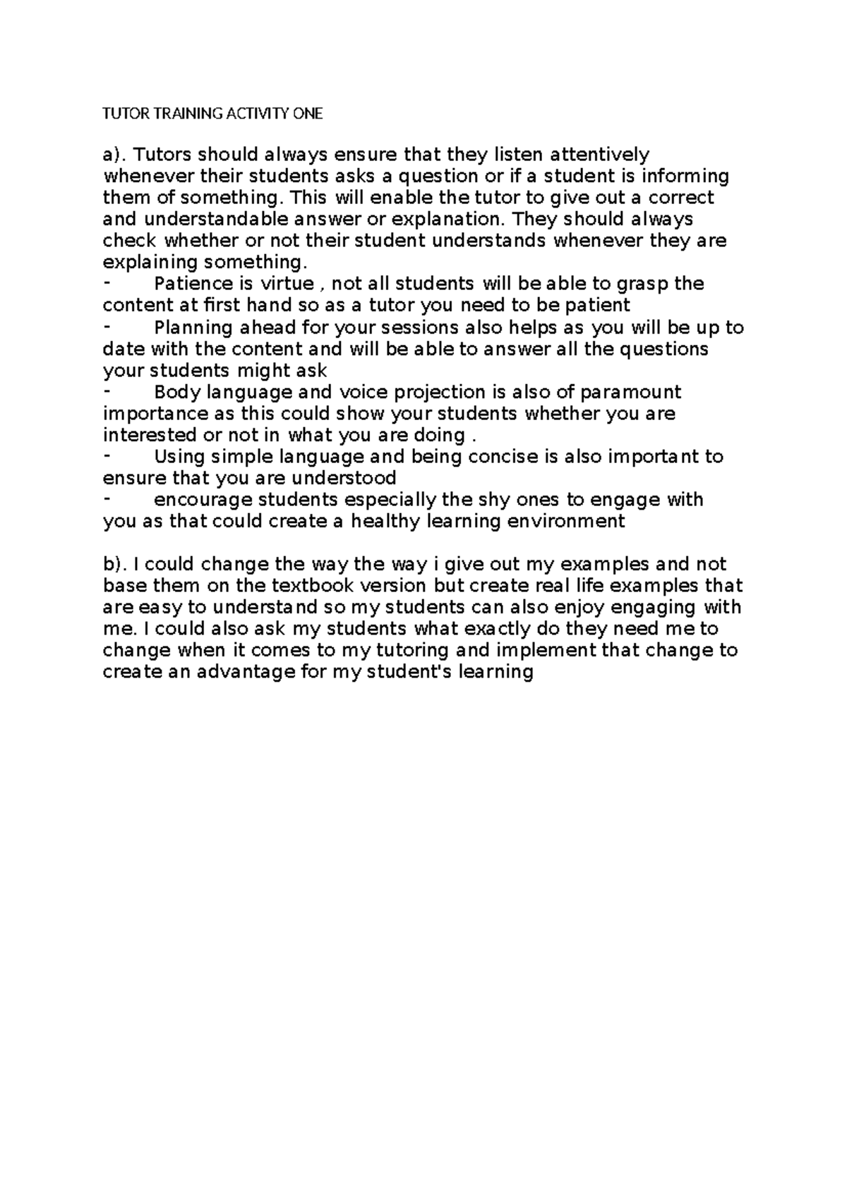 Tutor Training Activity ONE - TUTOR TRAINING ACTIVITY ONE a). Tutors ...