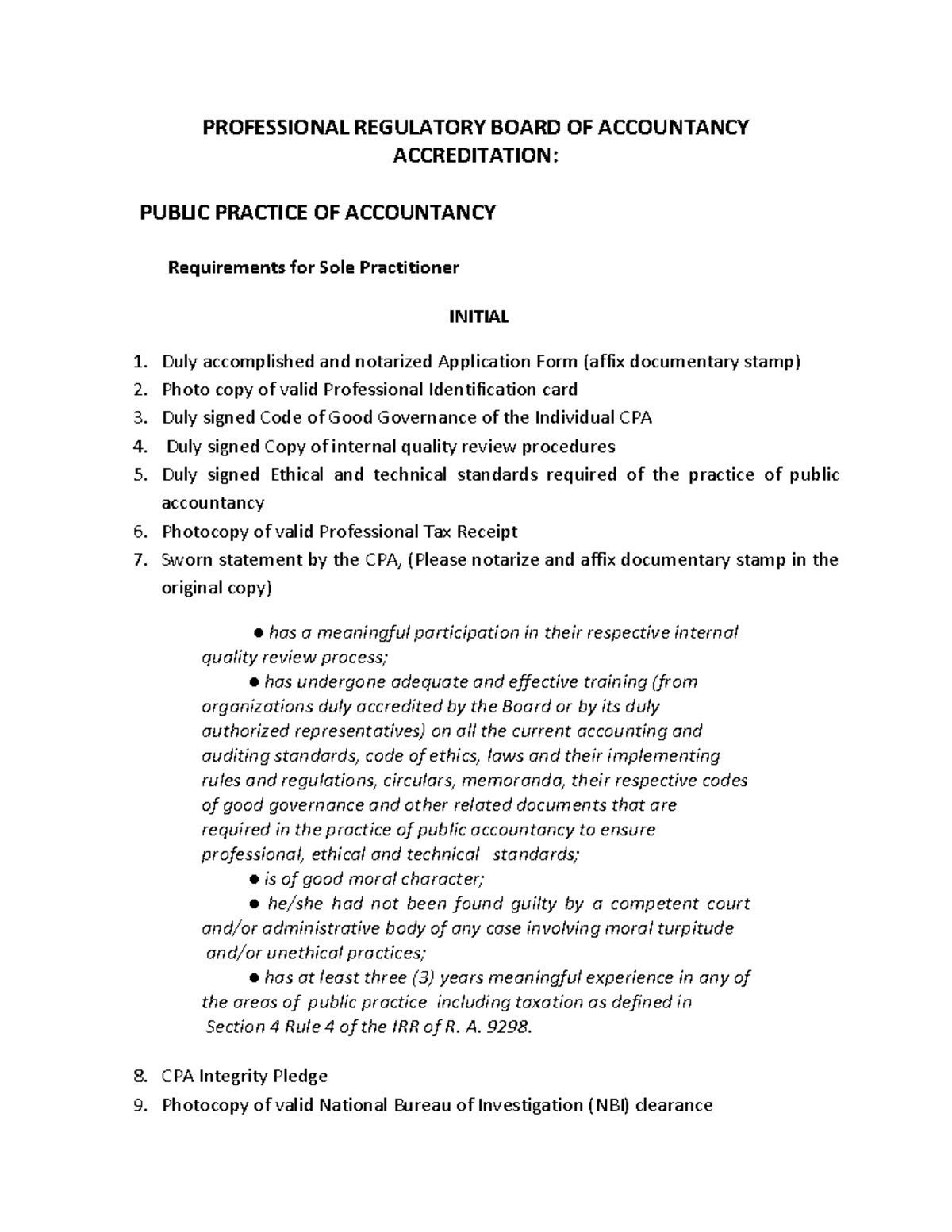 Requirements BOA Accreditation PROFESSIONAL REGULATORY BOARD OF