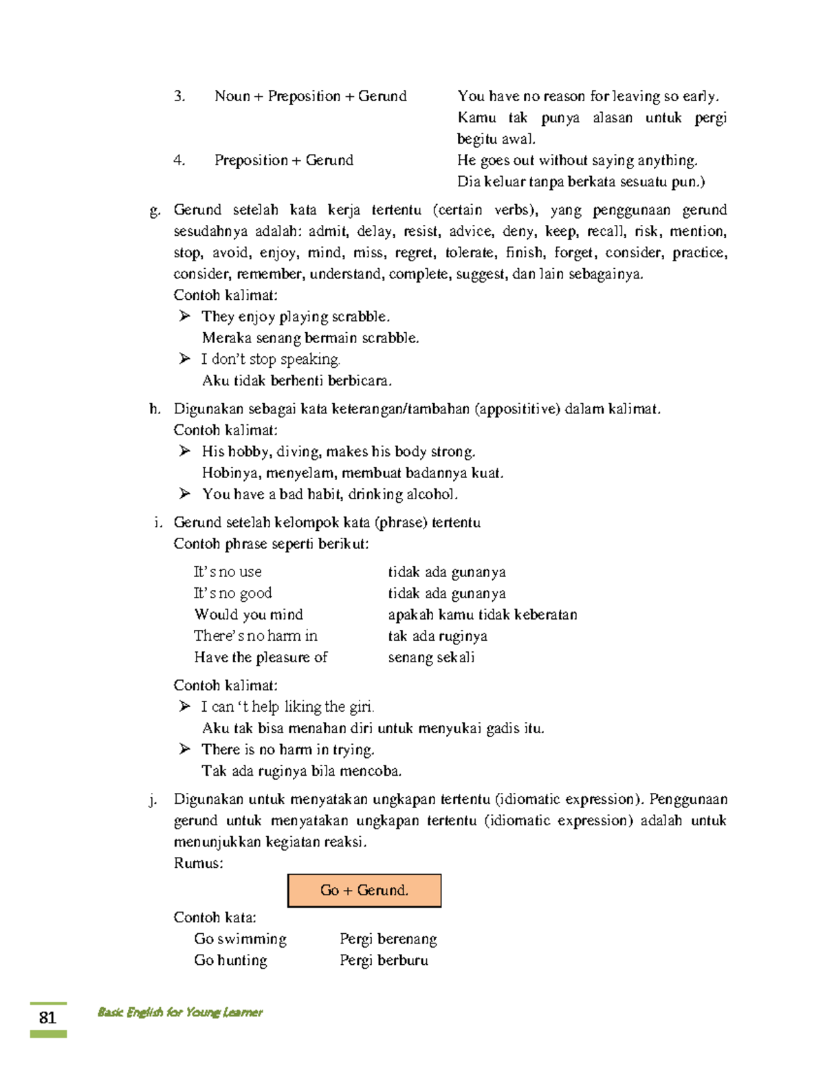 Basic English21 Noun + Preposition + Gerund You have no reason for leaving so early. Kamu tak