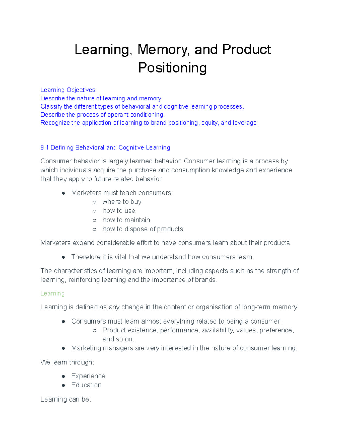 Mark 3324 Chapter 9 Lecture Notes - Learning, Memory, and Product ...