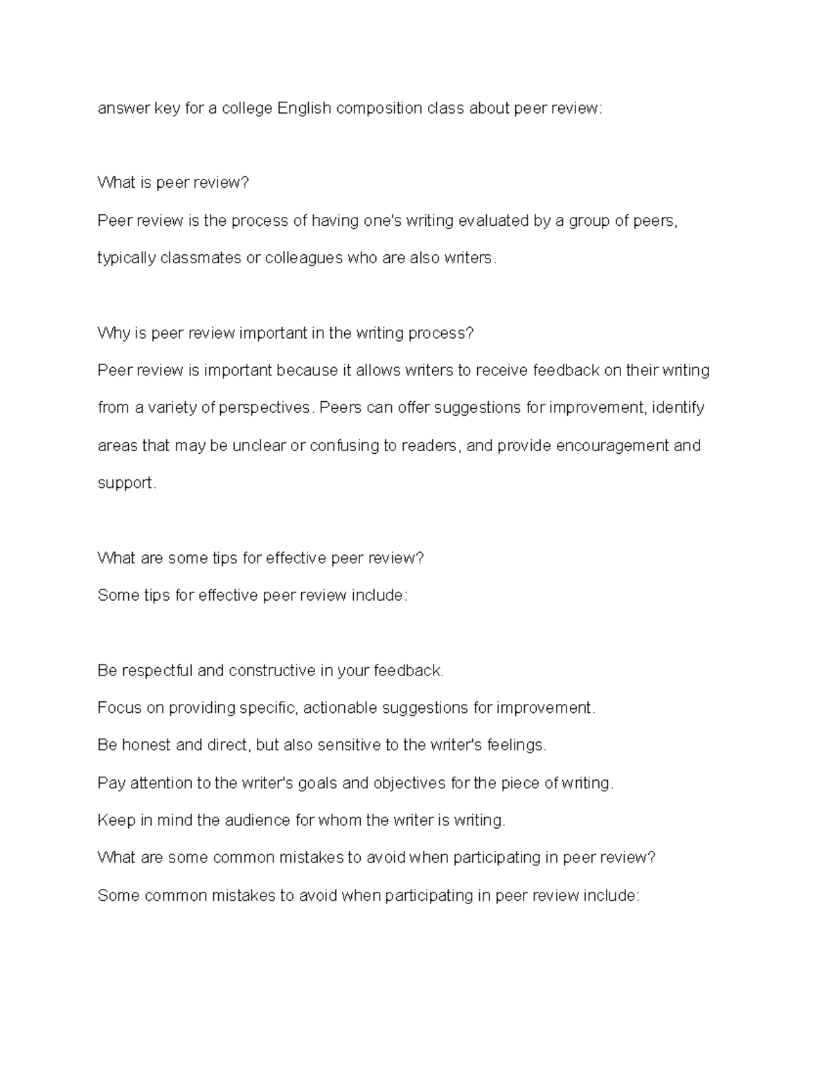 Answer Key For A College English Composition Class About Peer Review
