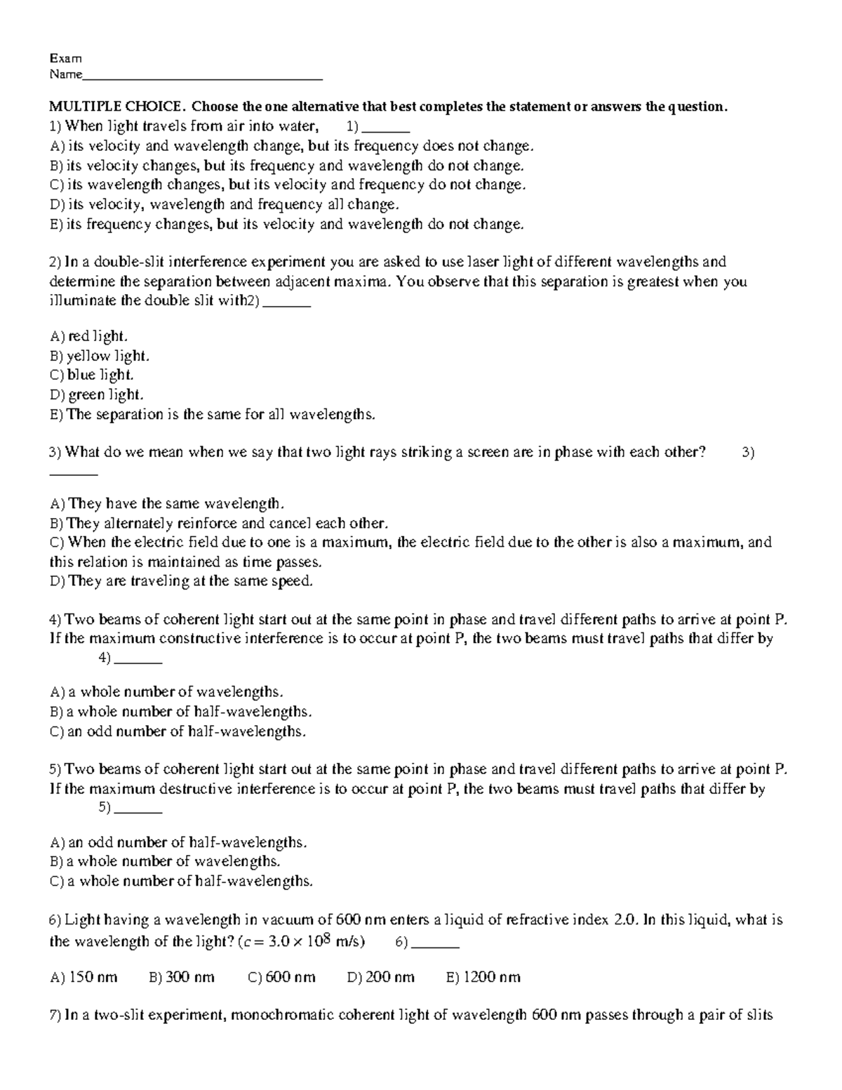 Practice Exam Questions Chapter 28 - Exam Name ...