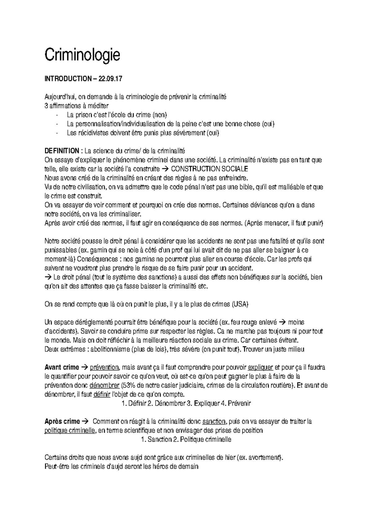 Criminologie Resume Criminologie Introduction 22 09 17 Aujourd Hui On Demande A La Criminologie Studocu