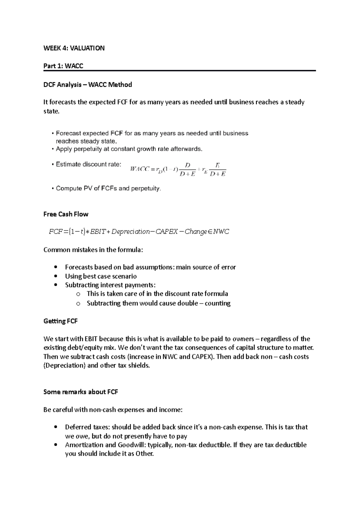 WEEK 4 - Valuation - Lecture notes 4 - WEEK 4: VALUATION Part 1: WACC ...