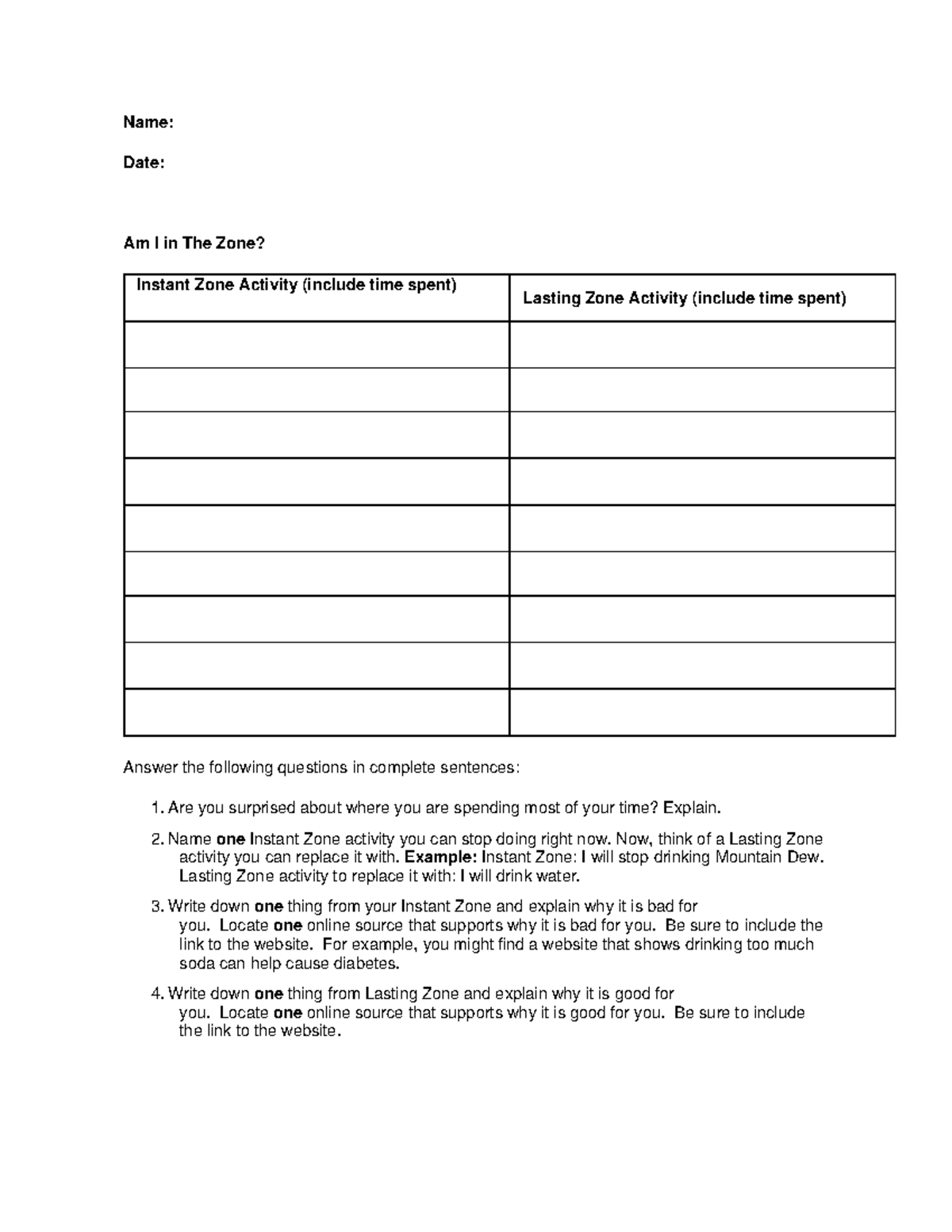 Lesson 4 Assignment dfsfsdfsdfdfdsf Name Date Am I in The Zone