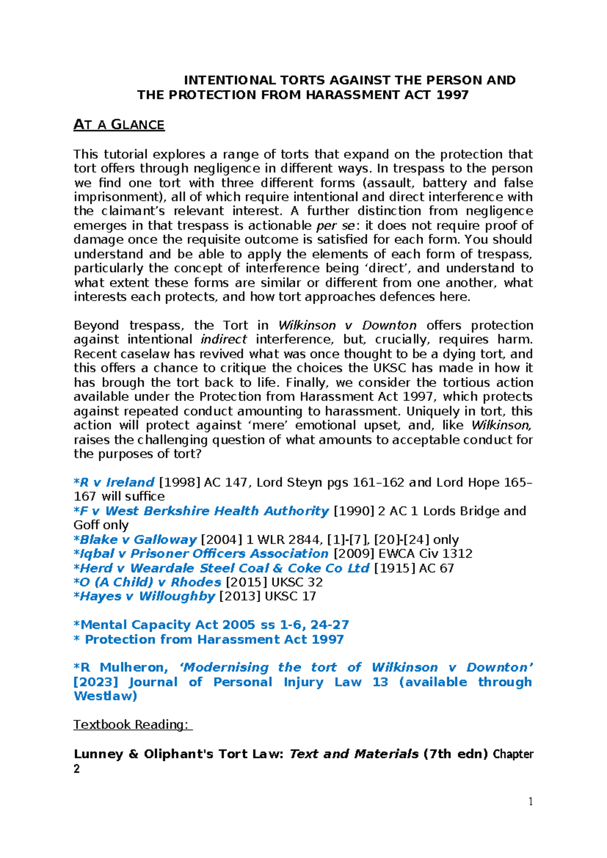 Intentional Torts - Trespass, Wilkinson, PHA - Copy - INTENTIONAL TORTS ...