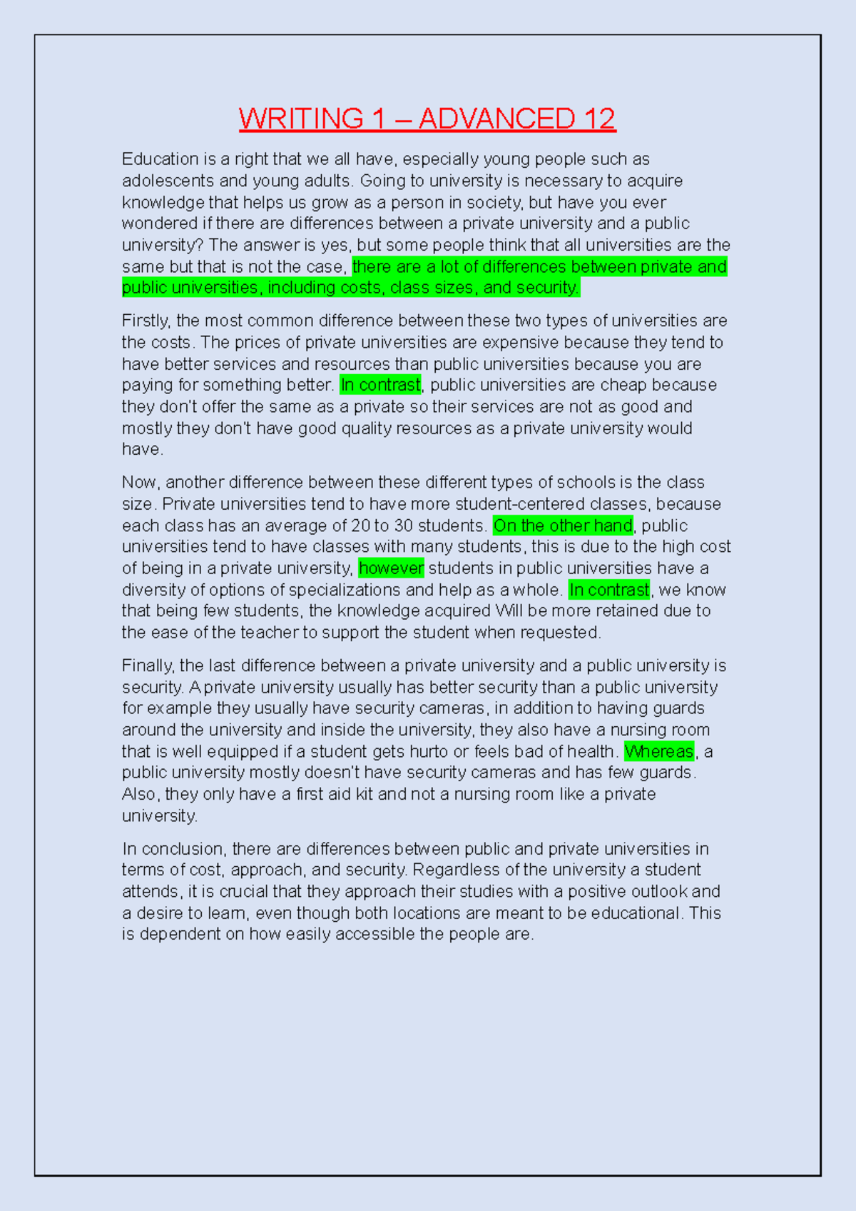 Writing 1 - Advanced 12 - WRITING 1 – ADVANCED 12 Education is a right ...
