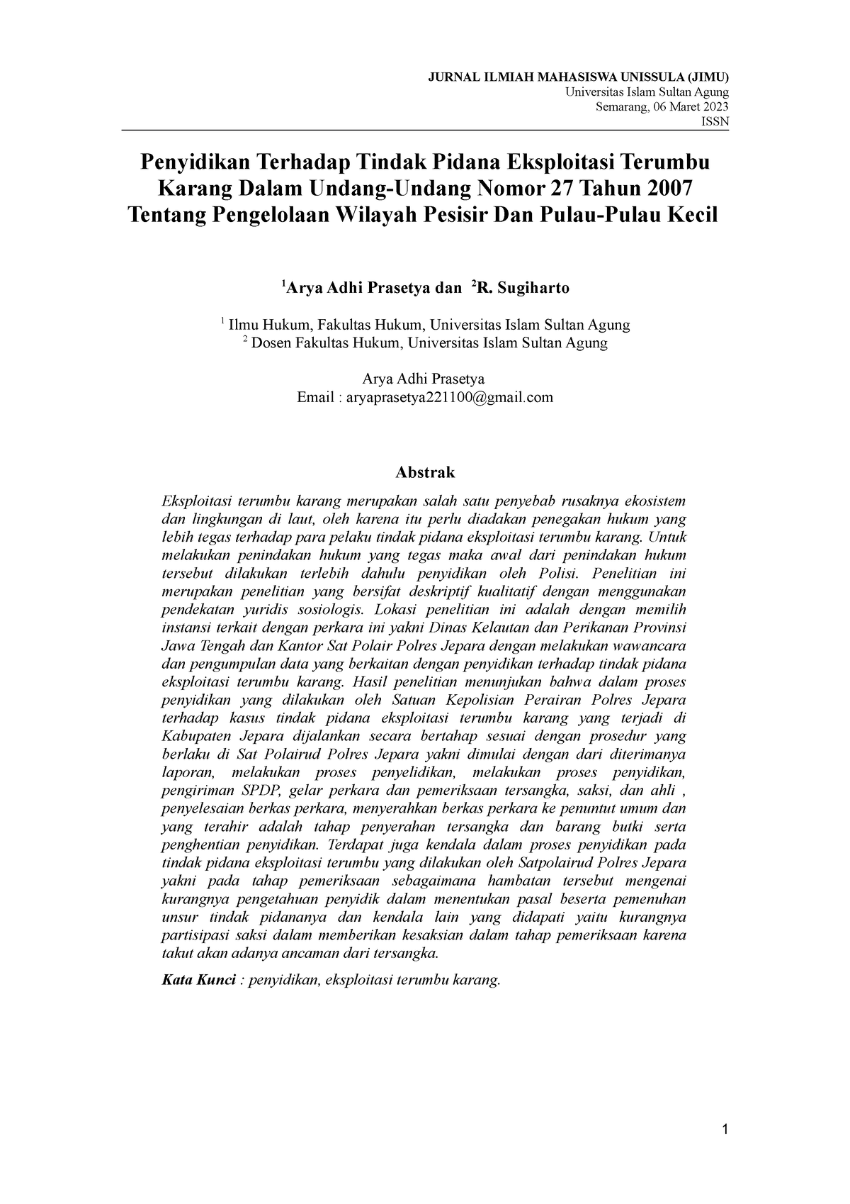 Jurnal Skripsi - Universitas Islam Sultan Agung Semarang, 06 Maret 2023 ...