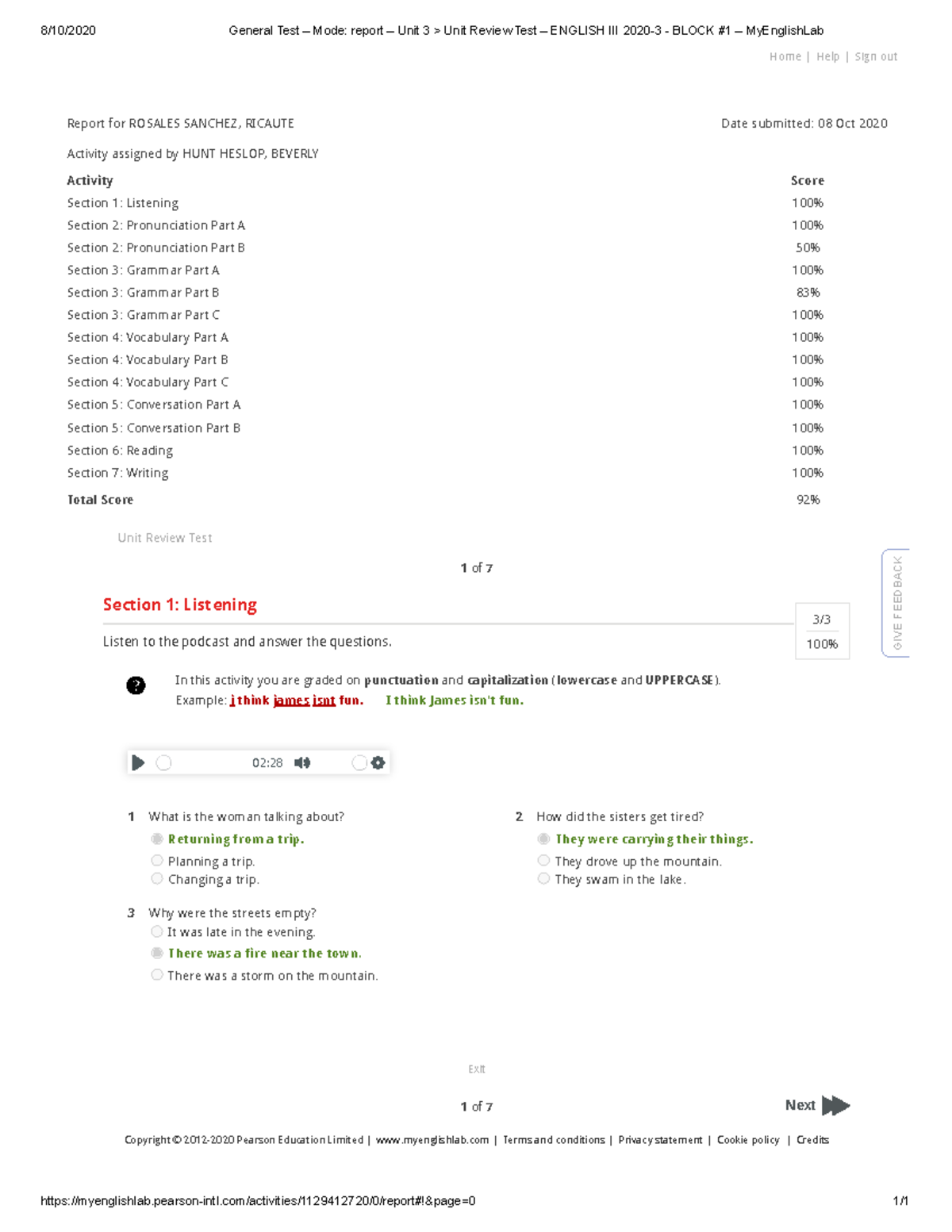 Test 3 - 1 - Test - 8/10/2020 General Test – Mode: Report – Unit 3 ...