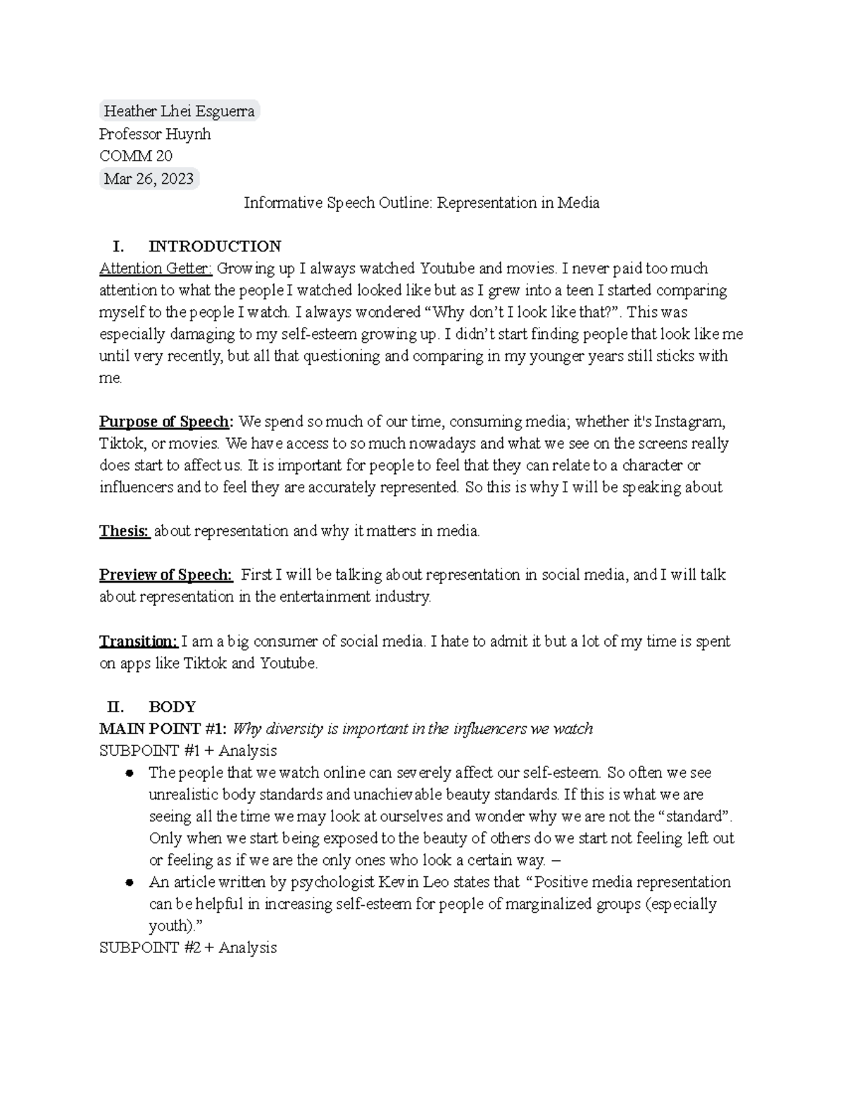 Informative Speech Outline Template - Heather Lhei Esguerra Professor ...