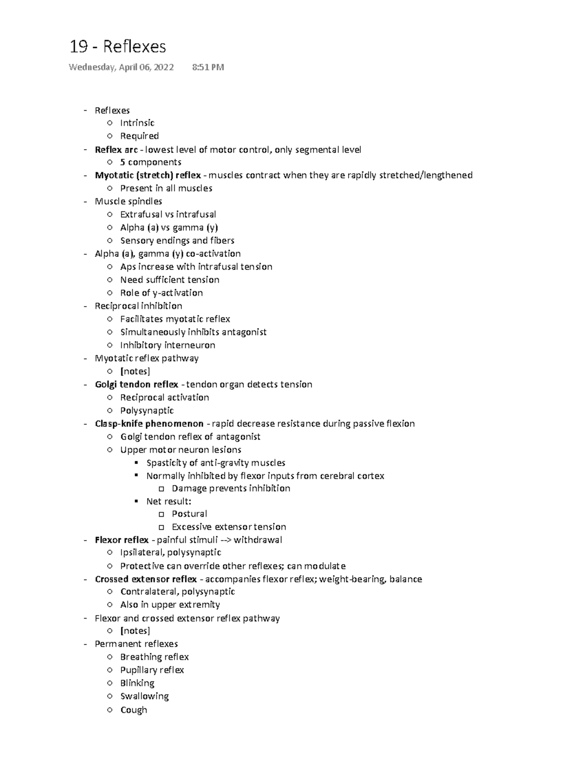 Reflexes - Reflexes Intrinsic Required - Reflex arc- lowest level of ...