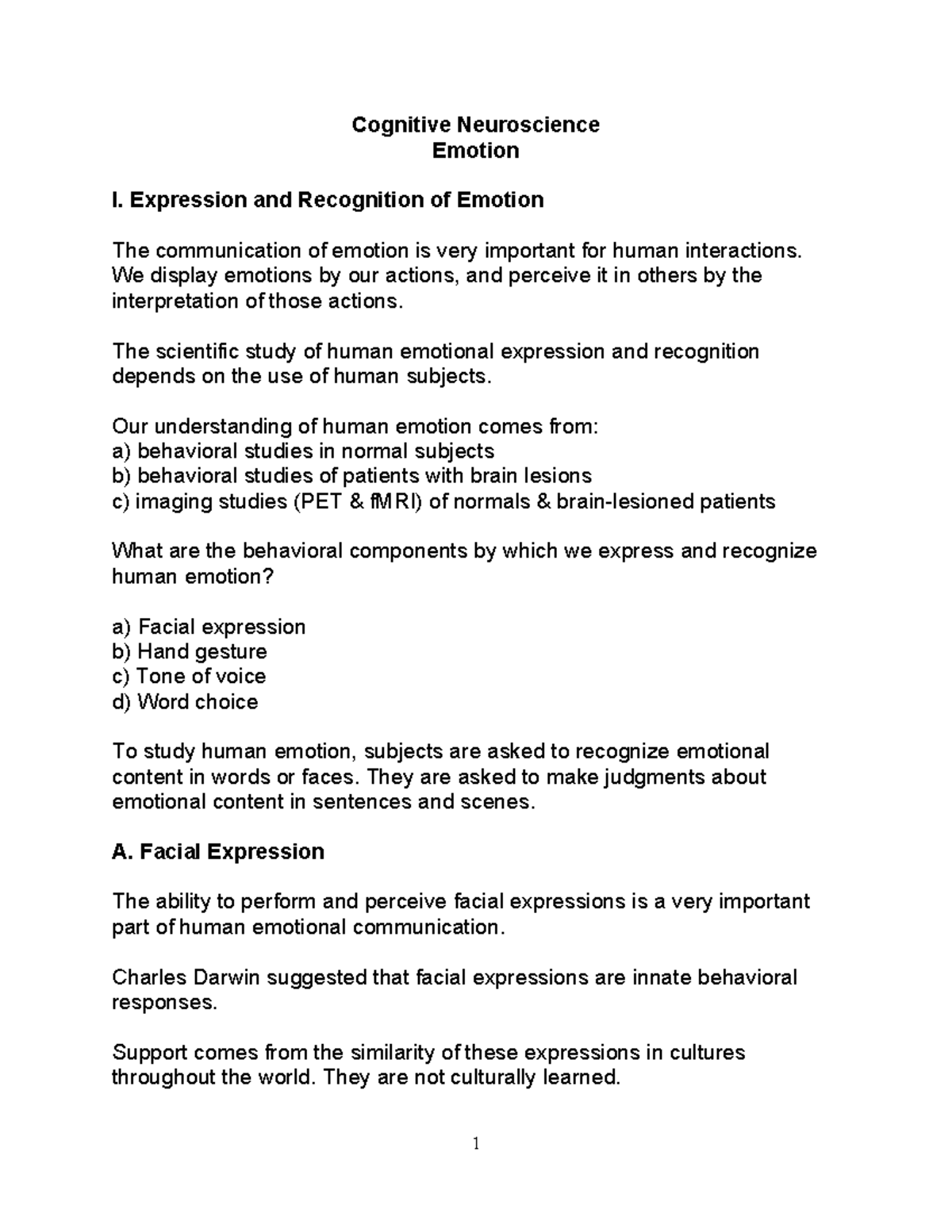 MOD 4 Emotions recognition and expression - Cognitive Neuroscience ...