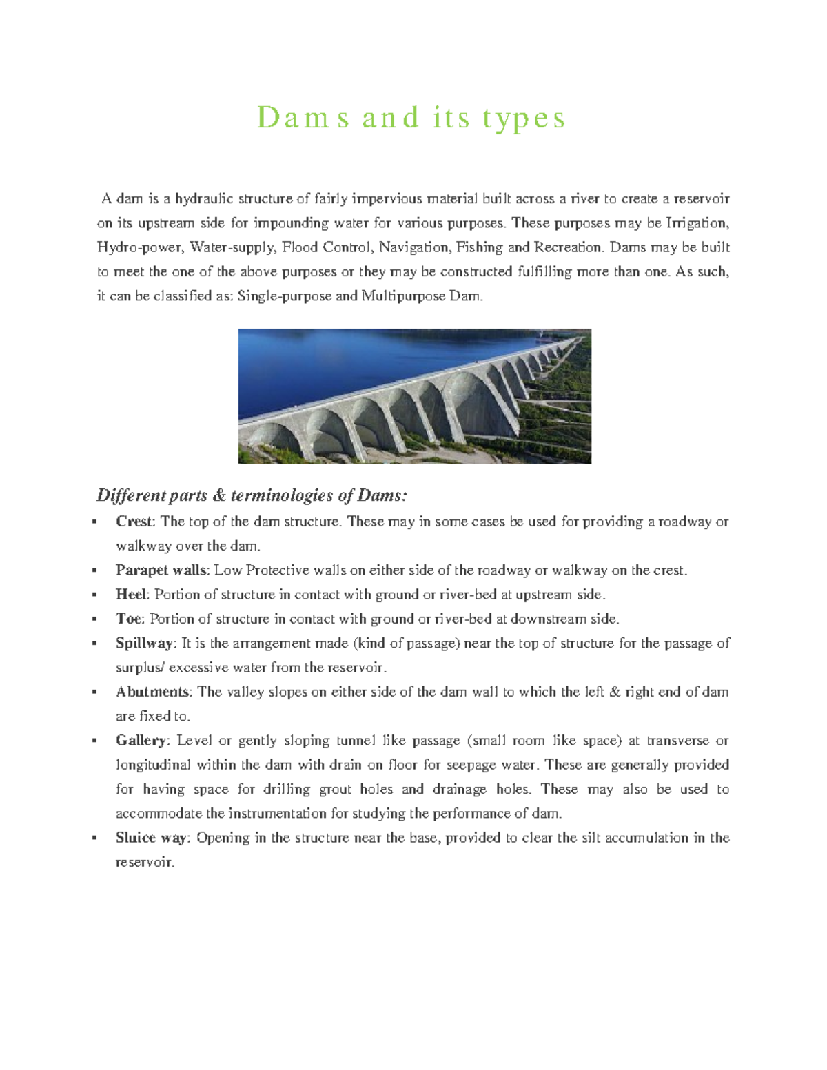 Dams and its types Important sa questions D a m s a n d i t s t yp