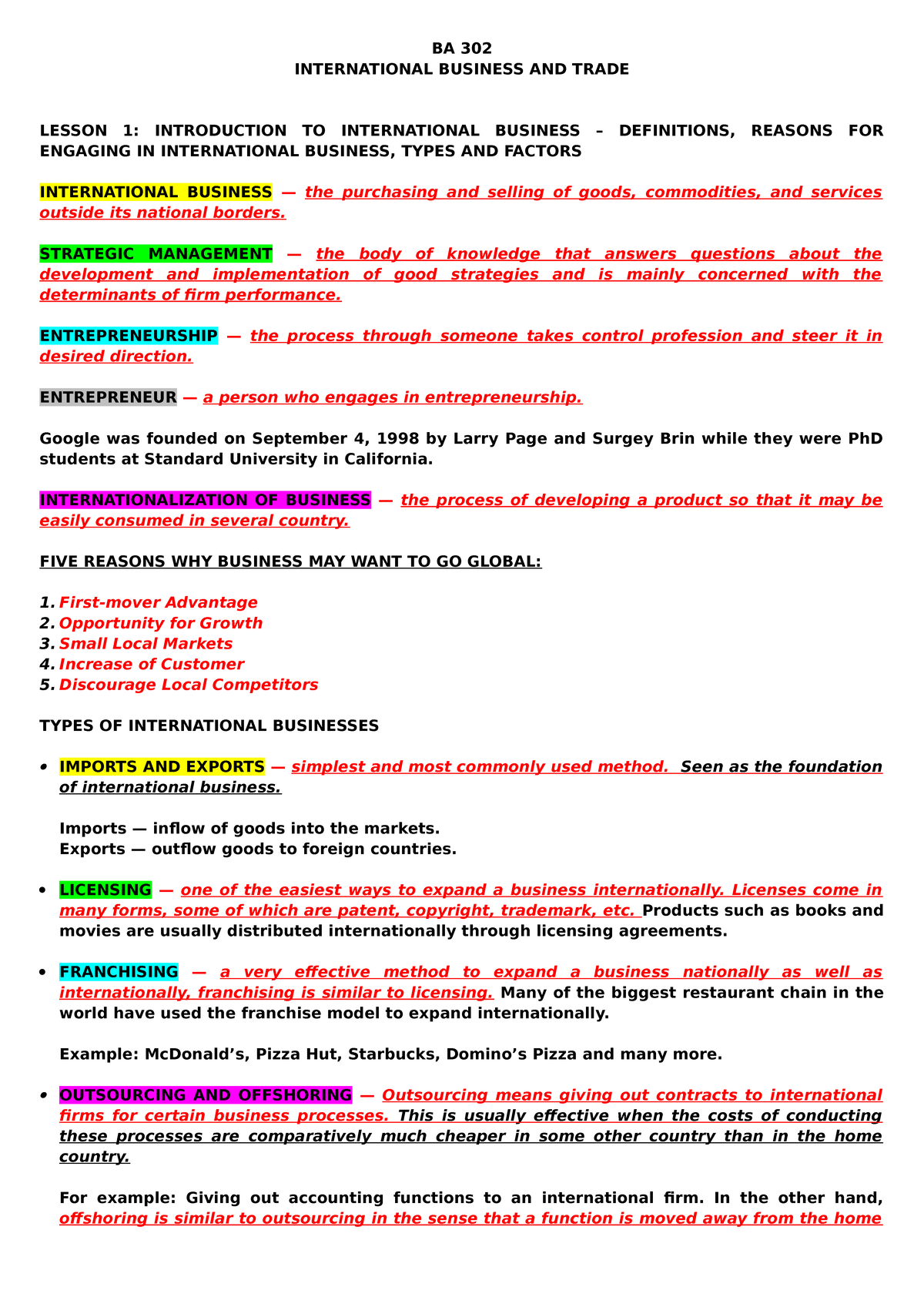 BA302 - Summary, Reviewer - BA 302 INTERNATIONAL BUSINESS AND TRADE ...