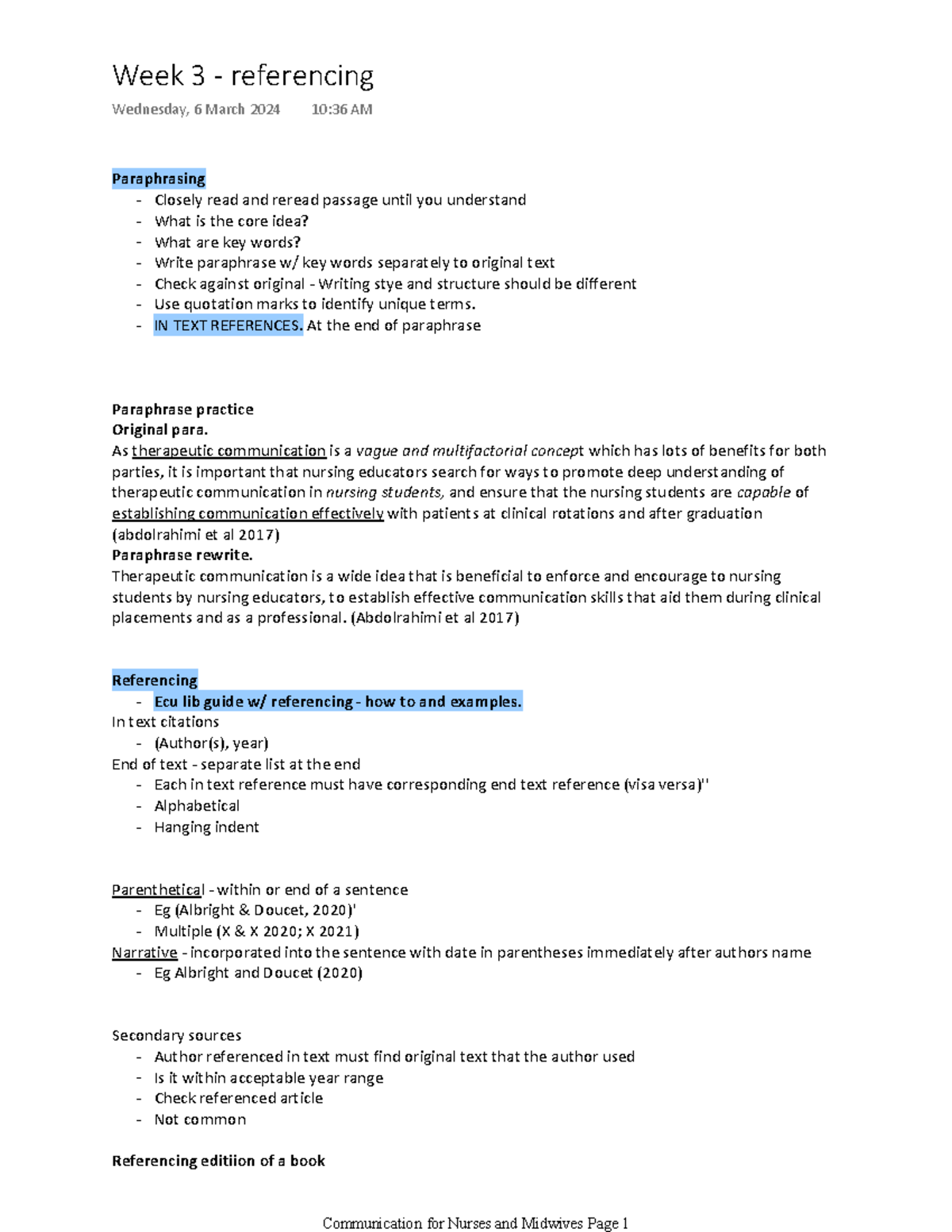 Referencing - Paraphrasing - Closely read and reread passage until you ...