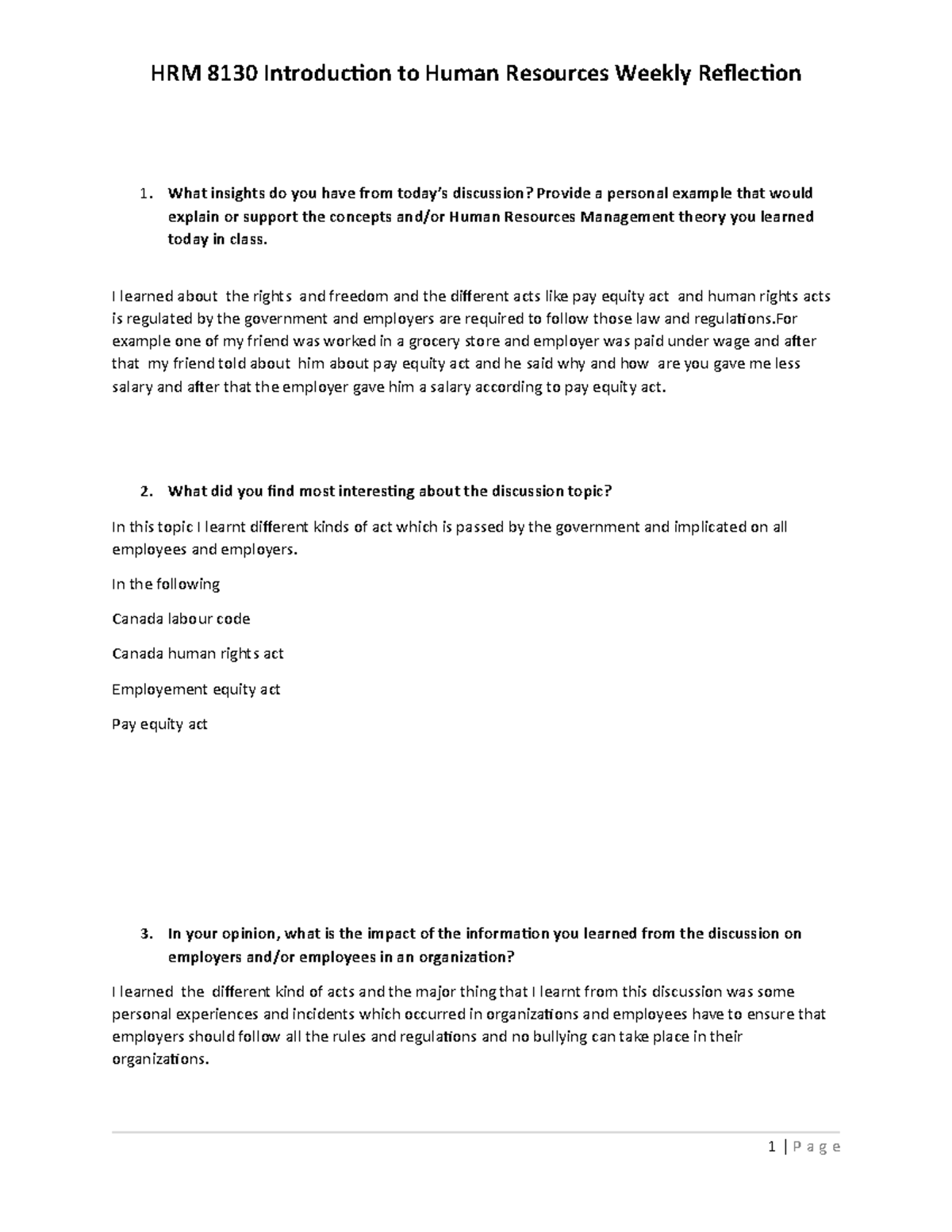 Weekly Refleco - assignment - HRM 8130 Introduction to Human Resources ...