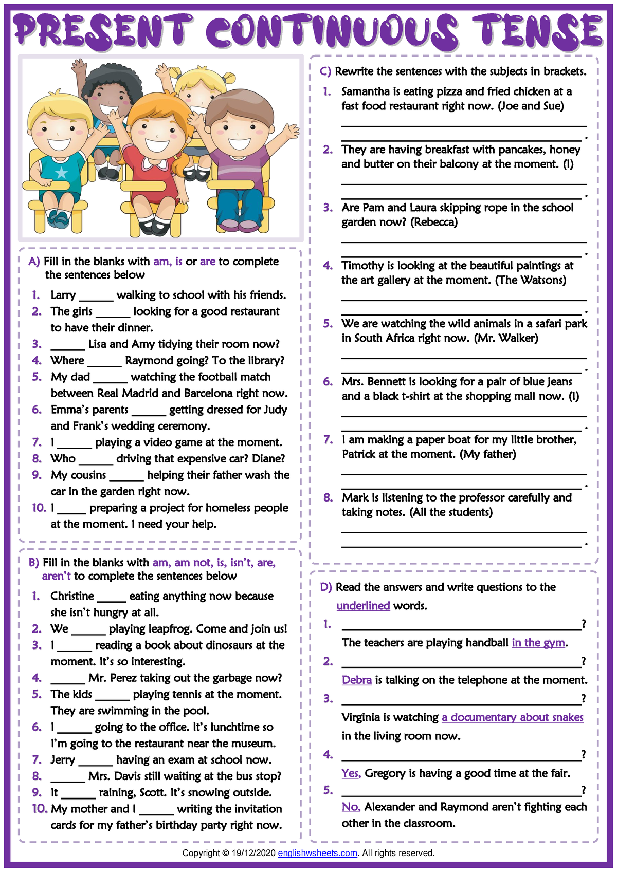 Present Continuous Tense Esl Printable Grammar Test Worksheet - B) Fill 