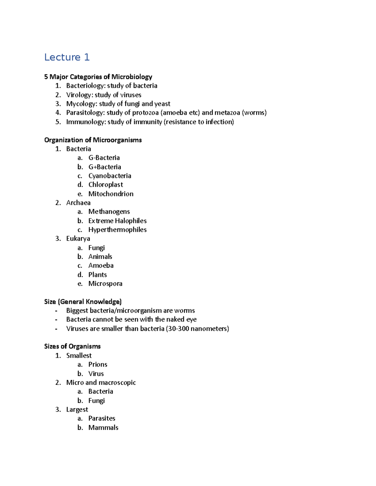 MMI Notes - Lecture 1 5 Major Categories of Microbiology 1 ...