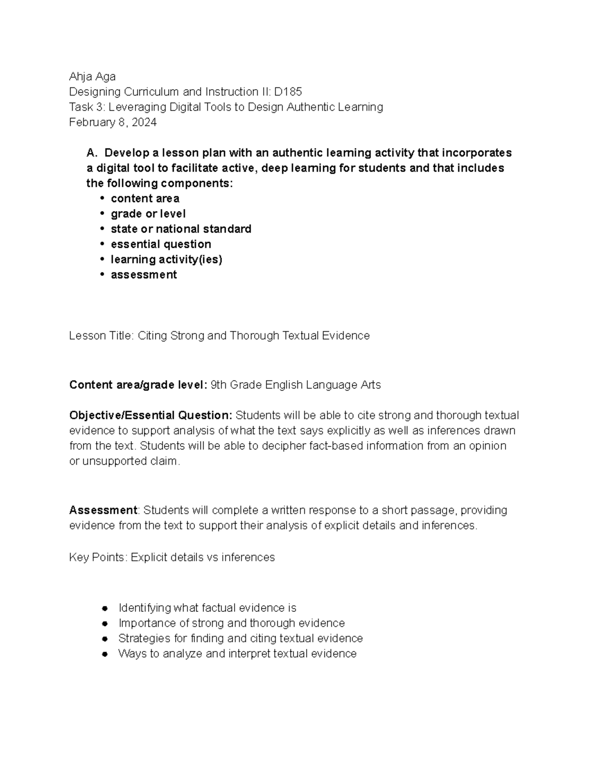 D185 Task 3 - Passed - High School English - Ahja Aga Designing ...