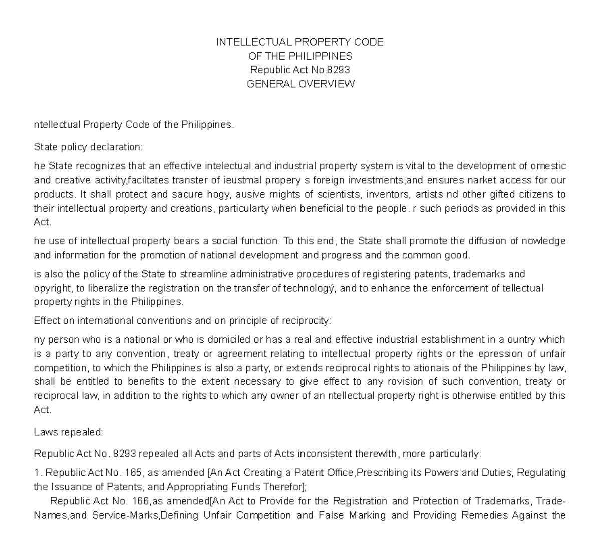 Intellectual Property INTELLECTUAL PROPERTY CODE OF THE PHILIPPINES