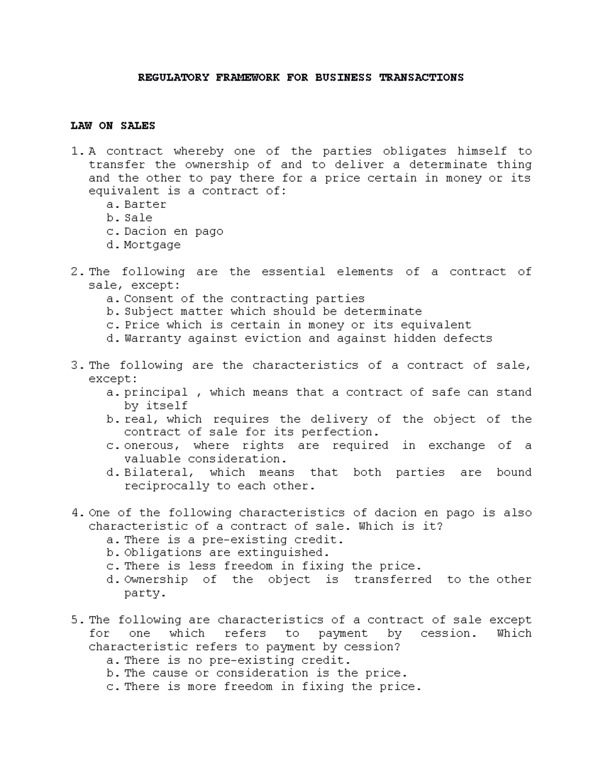 RFBT LAW ON Sales REGULATORY FRAMEWORK FOR BUSINESS TRANSACTIONS LAW 
