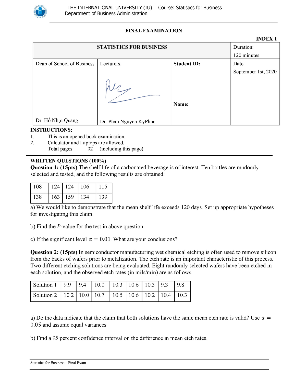 Final Exam MBA 2020 THE INTERNATIONAL UNIVERSITY (IU) Course