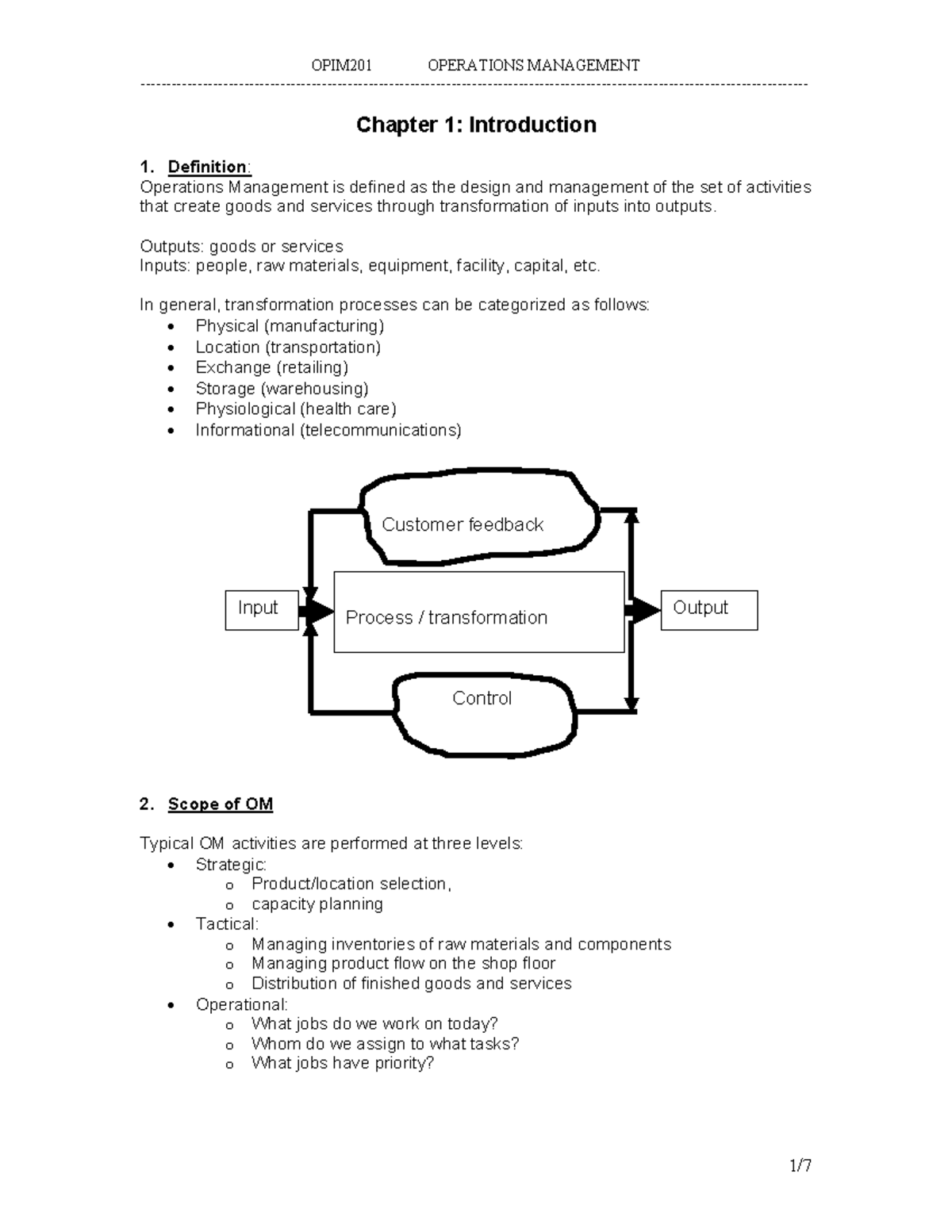 OPIM 201 Notes - Chapter 1: Introduction 1. Definition: Operations ...