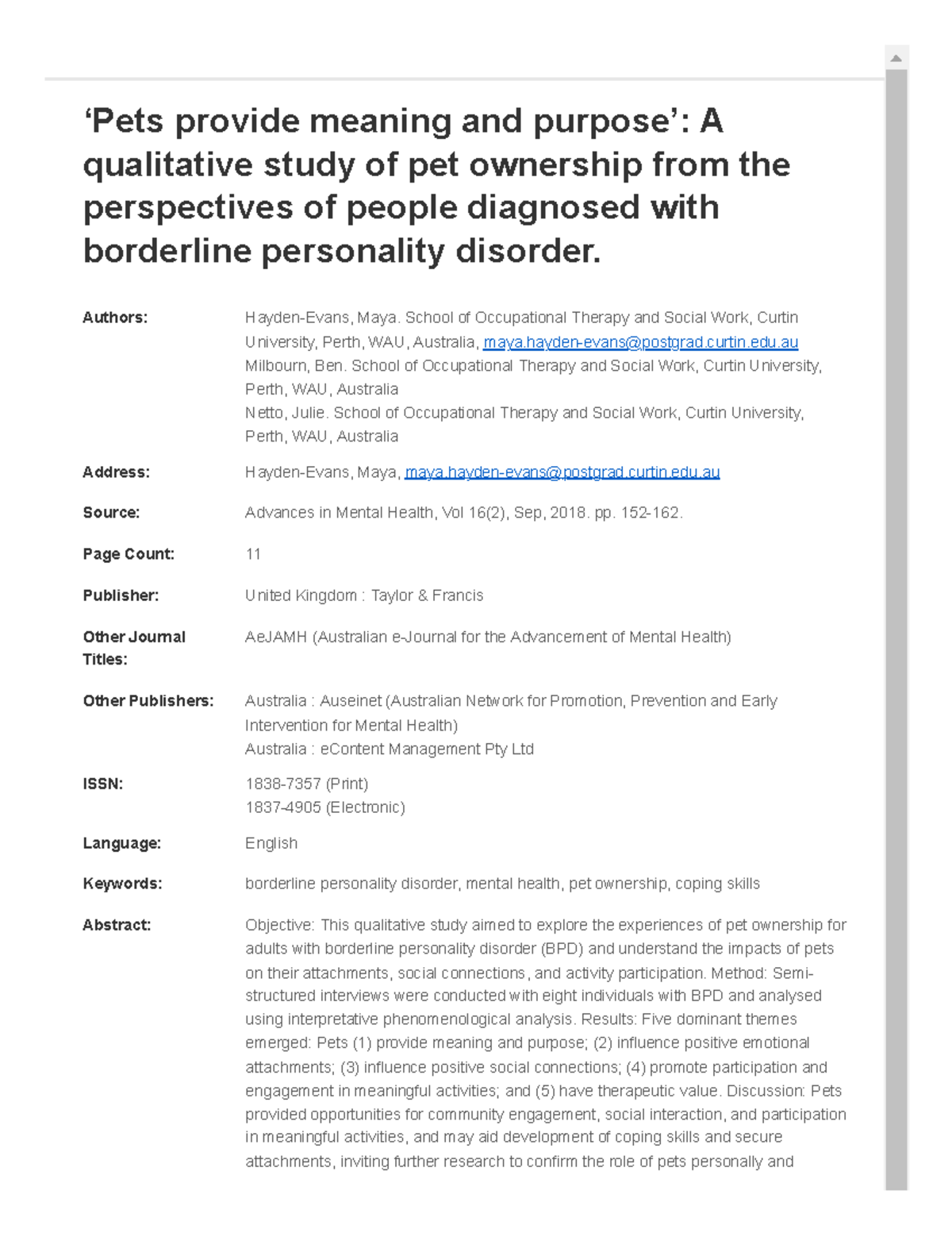 ‘Pets provide meaning and purpose’ A qualitative study of pet ownership