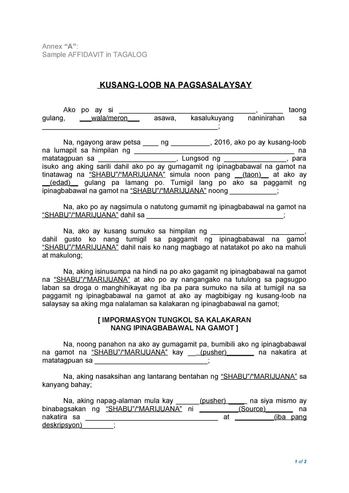 Sample Format Of Affidavit (Tagalog) - Annex “A”: Sample AFFIDAVIT In ...