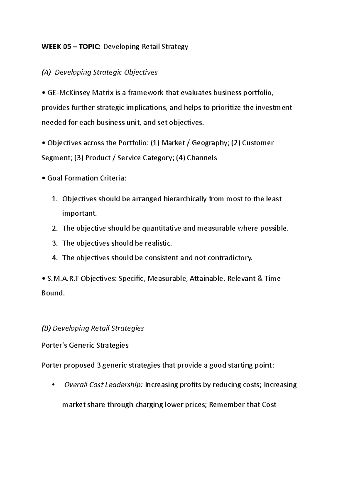Week 05 Topic Summary - WEEK 05 – TOPIC: Developing Retail Strategy (A ...