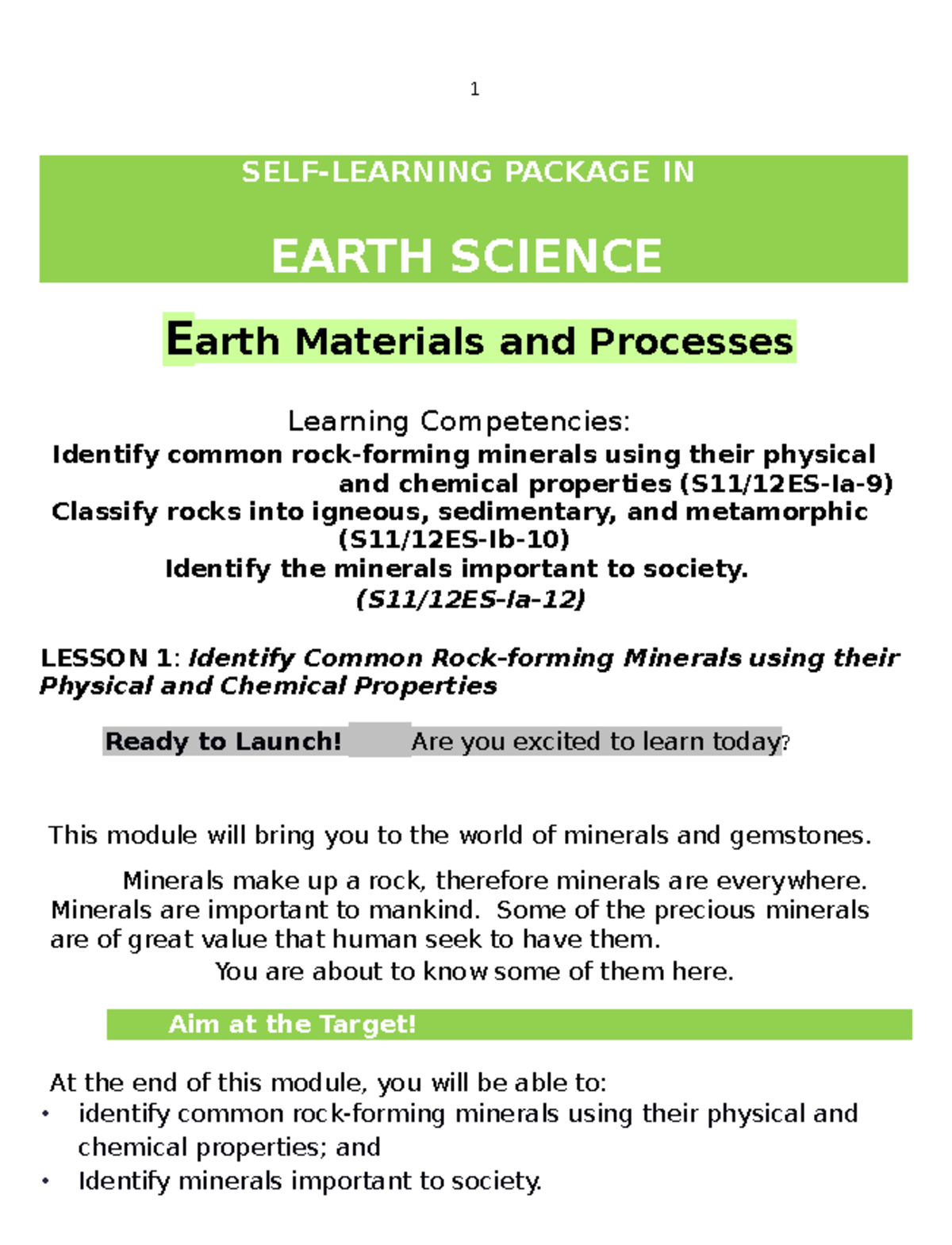 WK2 Earth Materials Processes SELFLEARNING PACKAGE IN EARTH
