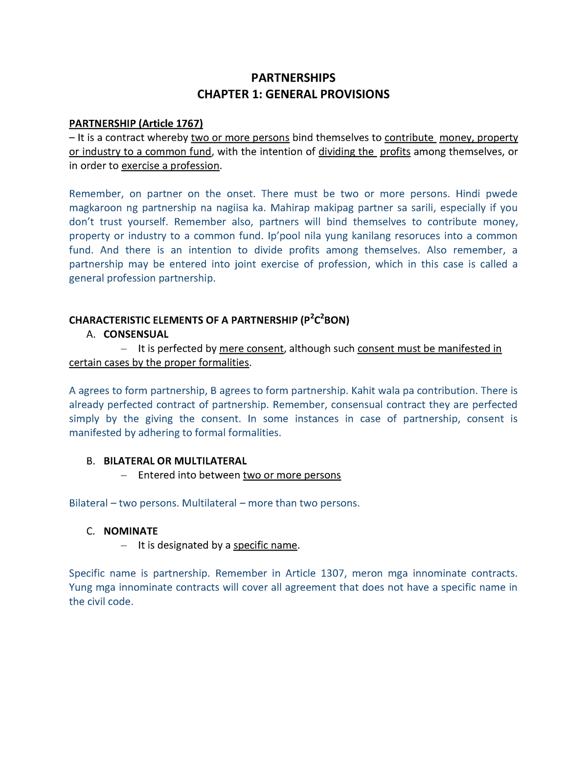 Partnership - Chapter 1 - Notes - PARTNERSHIPS CHAPTER 1: GENERAL ...