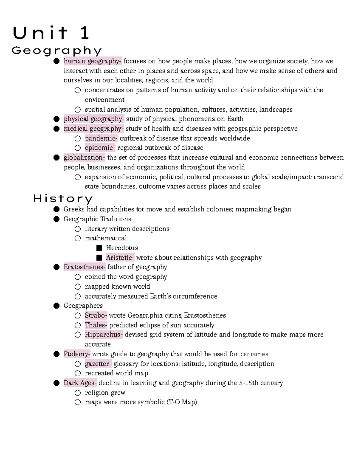 Aphug Unit 1 Test Review Guide - Unit 1 Geography Human Geography ...