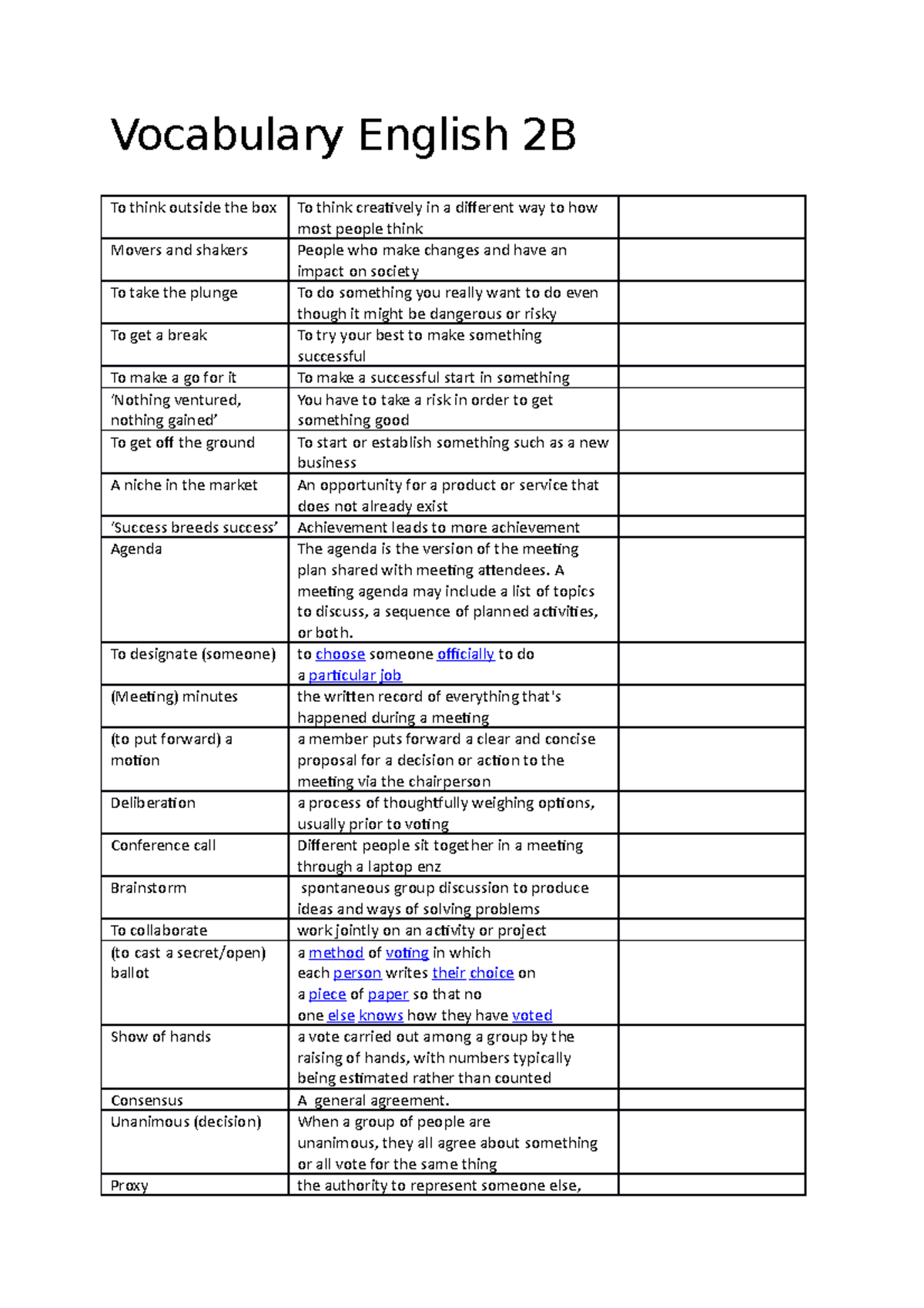 Vocabulary English 2B - Woordenlijst - Vocabulary English 2B To think ...