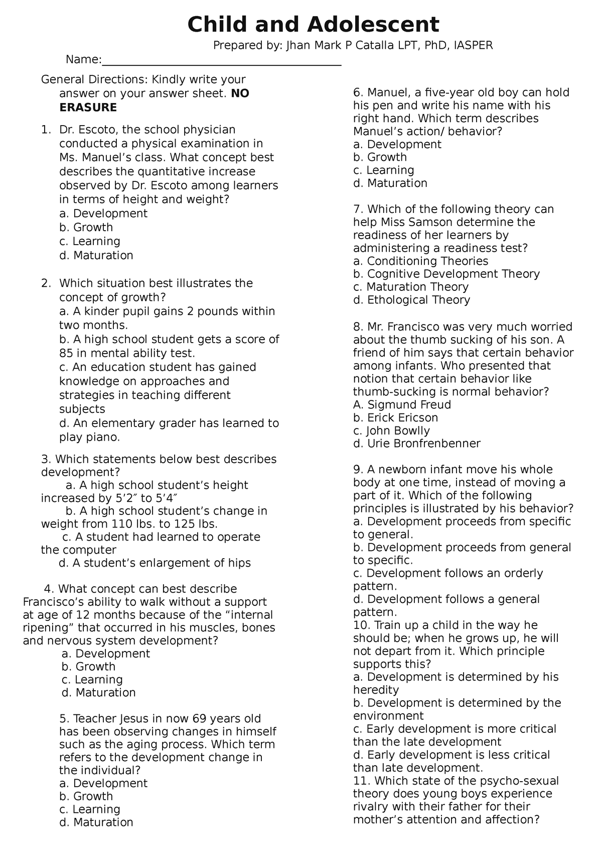 Child and adolecent - Reviewer - General Directions: Kindly write your ...