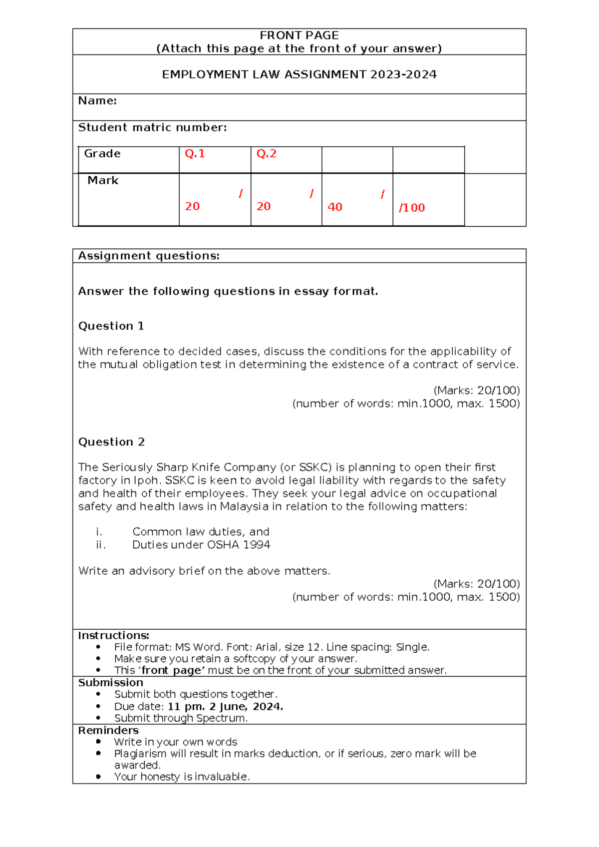 Employment LAW Assignment 2023-2024 - FRONT PAGE (Attach this page at ...