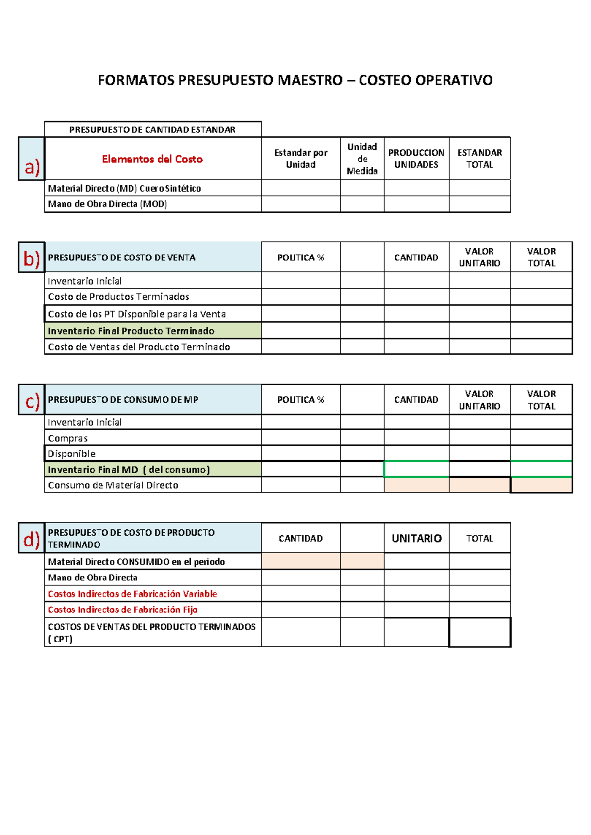 Formatos Presupuesto Operativo - FORMATOS PRESUPUESTO MAESTRO – COSTEO ...