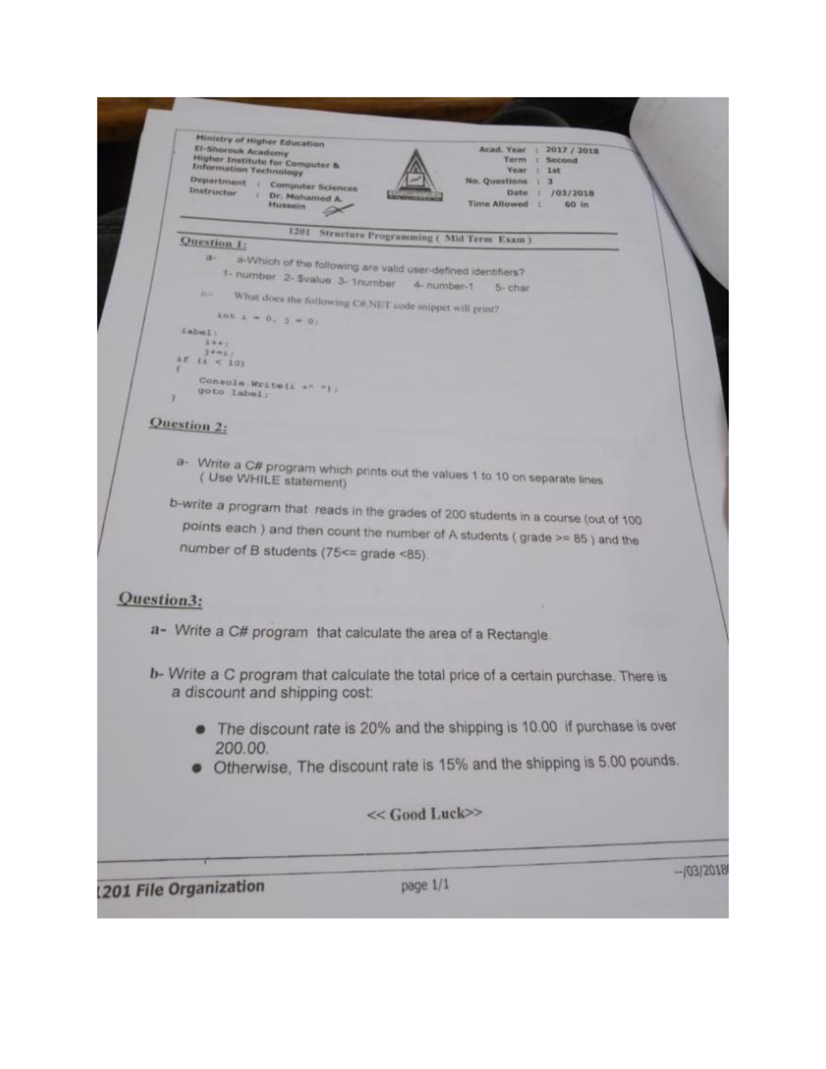 Mid-Term Programming - Question 1 : A – number B – int i = 0, j = 0 ...